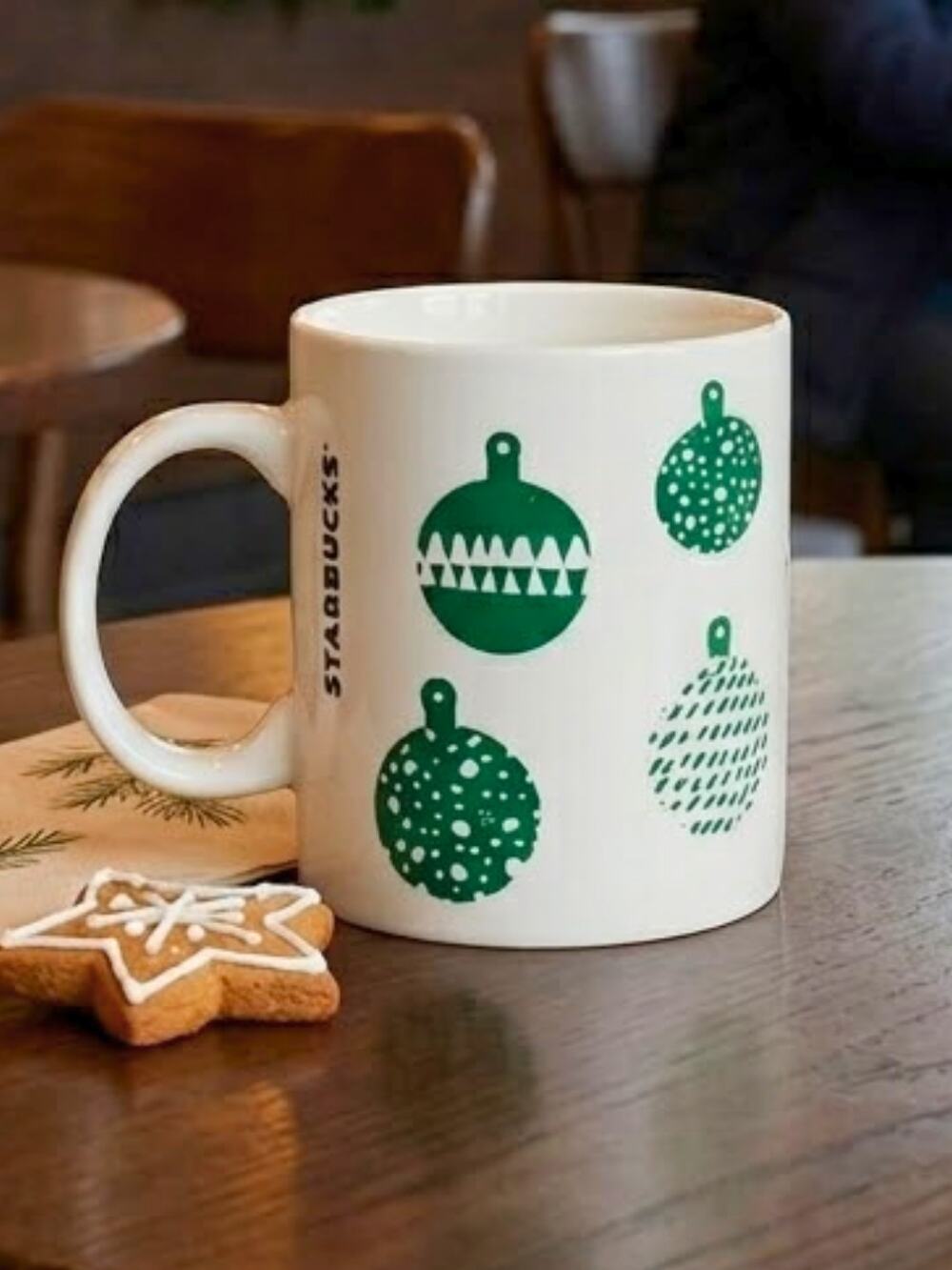 Starbucks 2016 Holiday Mug 12 oz White Ceramic with Green Ornament Design